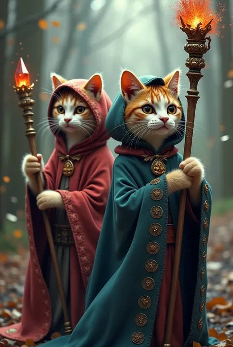 A cute cat race from RPG fantasy. Realistic, 1970s film style, wearing wizard cloaks and holding long wizard staffs, wizard class.