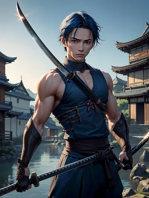 high quality, Best image quality, masterpiece, male ronin, short Blue Hair, thin, Show the whole body, Brown Eyes, ((Muscular)), Fighting pose, high quality, Beautiful art, ((high technology village background)), Visual Arts, Written boundary depth, Best l...