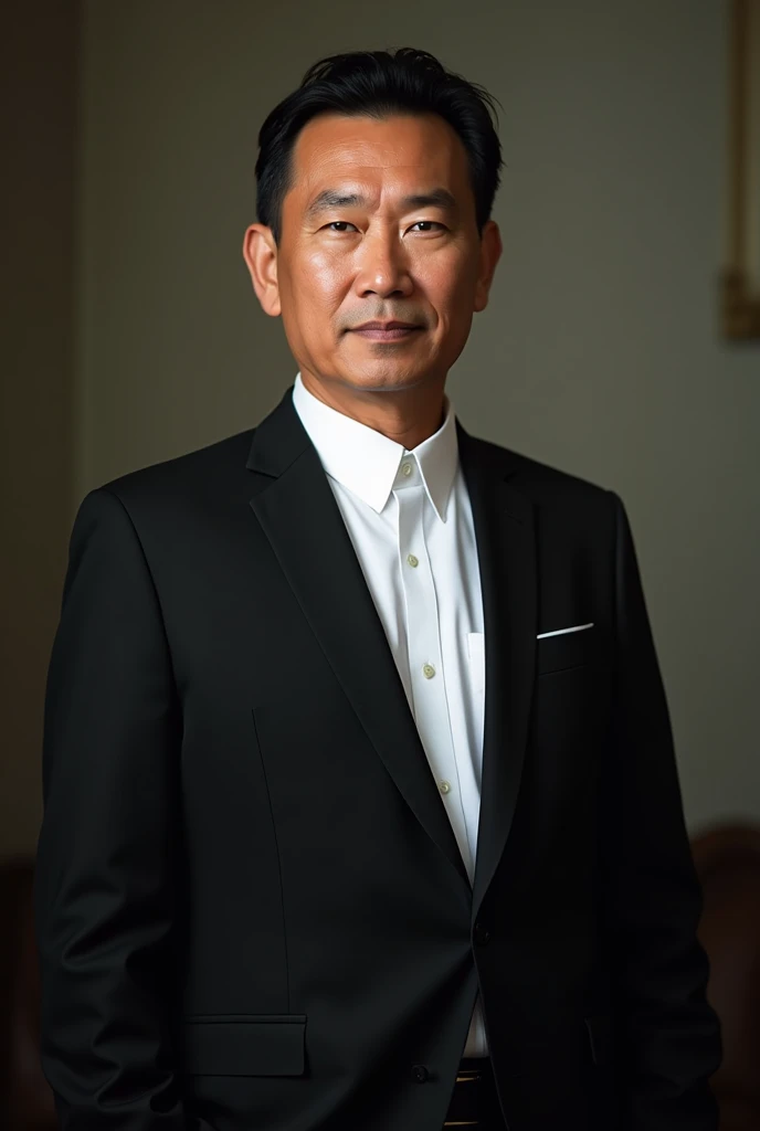 formal photo of a man with tan skin, brown pupils, black and short hair wearing an open black suit with a white shirt underneath. make it look like an Indonesian