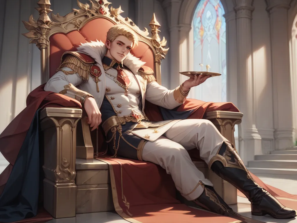 red-eyed, golden-blonde boy wearing an imperial dress sitting gracefully on the throne, high definition,