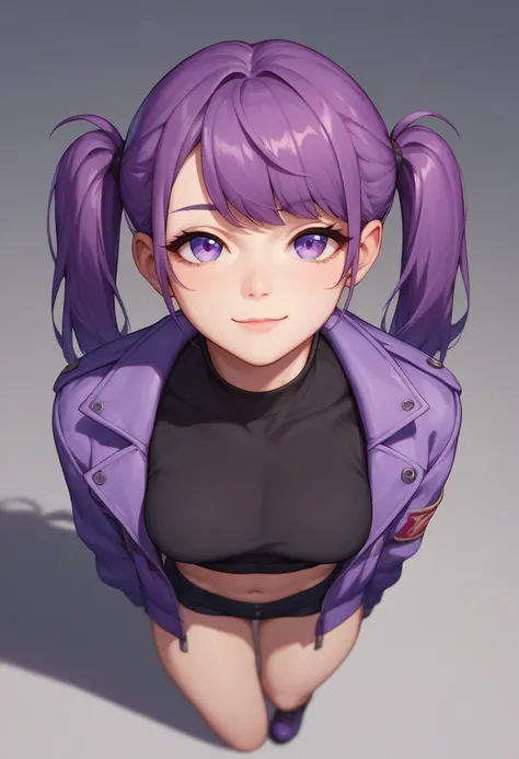 1girl, light smile, closed mouth, purple hair, twintails, purple eyes, purple military jacket, black crop top, dark background, looking up, from above, looking at viewer, dark background