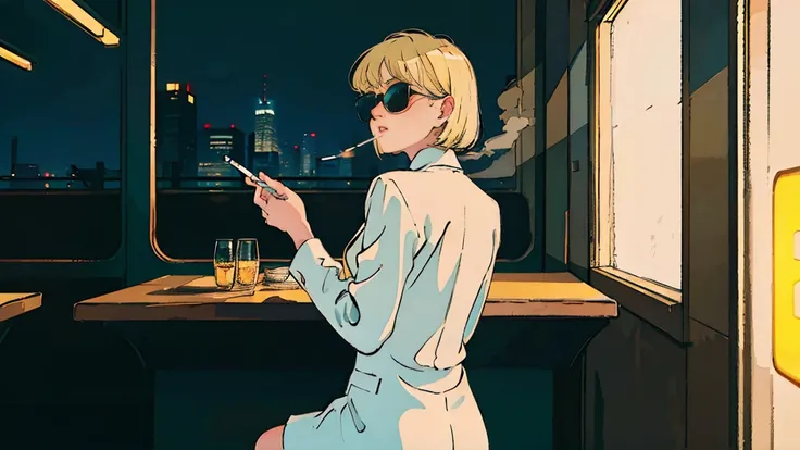 Beautiful blonde Asian girl sitting in a diner at night, Rear view,Visible from the window,  perfect face, sunglasses,  smokes white tailor-made cigarettes, Neon Black, ( backlit : 1.1),  hard shadow , masterpiece,  best quality, Complex,  Model Shooting S...