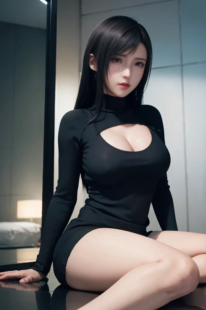 Tifa Lockhart, brown eyes, (best quality, ultra-detailed, Realistic: 1.37), beautiful detailed face, perfect symmetry, perfectly shaped body, black eye makeup, red lipstick, bright colors, studio lighting, angry serious expression