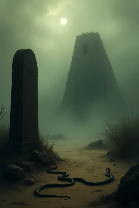 A misty Egyptian landscape with the silhouette of Cleopatra’s tomb in the background. The atmosphere is haunting and mysterious, with the shadow of an asp coiled near an ancient tombstone, symbolizing the enigma of her end and the questions that remain.