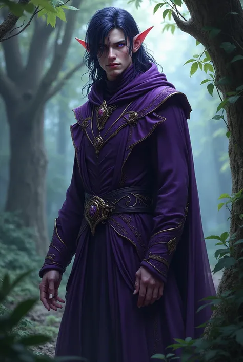  A mystical male being who comes from a forest, is tall,  His hair is as dark as night , Your eyes are purple,  has an elfs ear ,Your clothes and accessories are dark purple , It&#39;s very beautiful 