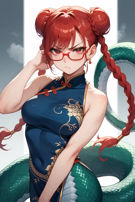 annoyed,best quality,ultra detailed,red glasses,red hair,red eyes,double bun,long twintails,twin braids,Qipao,cheongsam,beautiful face,glaring,cold gaze,angry, lamia,monster girl, anime,action pose , rating_safe