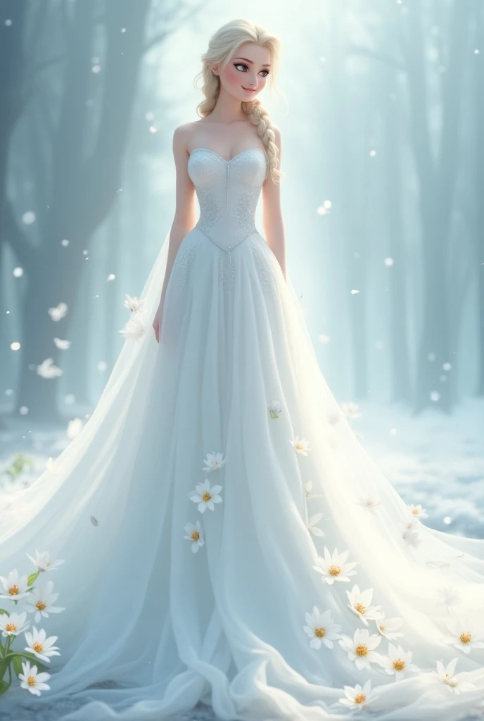 Large white ball gown ,  with lilies showing an ethereal beauty Elsa smiling look