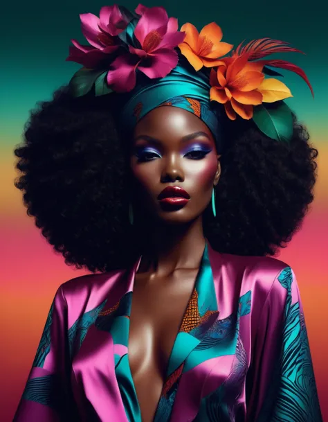 chiaroscuro technique on sensual illustration of an elegant african, a vibrant fashion collective, combining afrofuturist aesthe...