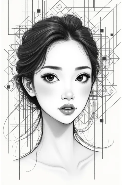 Asian face sketch,  next to geometry and patterns