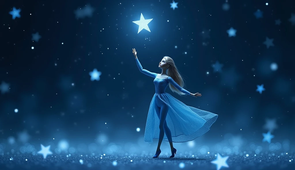 Blue 💙 Barbie under a starlit sky, carefully picking imaginary stars from the sky. The scene is peaceful and enchanting, with thousands of twinkling stars lighting up the background.
