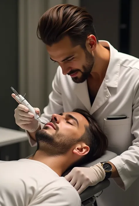 Handsome facial cosmetologist David Valtierra treating another man