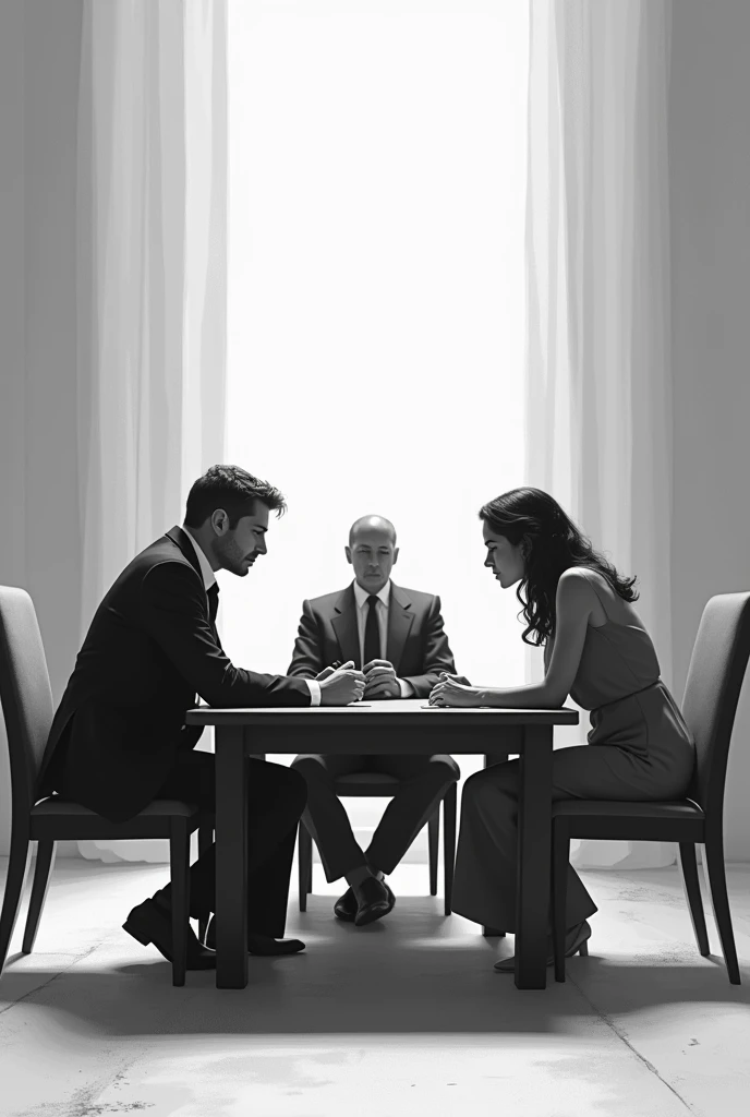 A man with a woman next door both about to divorce , A table in the middle and in the middle of the table is a man who is the conciliator who will help them reach an agreement. All in black and white