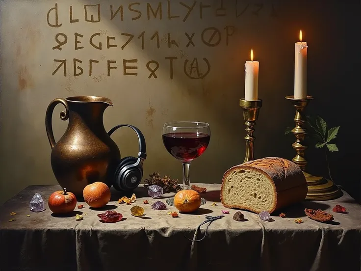 A still life scene full of symbolism and contrasts:

bottom: A worn wall, with ancient runes inscribed on it. the symbols, slightly blurred, suggesting a mysterious past and ancestral knowledge.
table:  the spotlight . On it lies:
everyday objects: An aged...