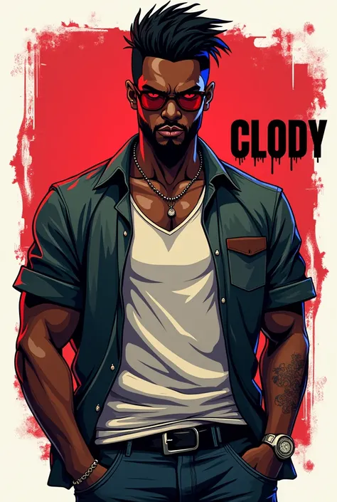 Create a gangster logo
Male.He is black complexion and cool hair face is jawline and calm face and red eyes with eye glasses
  and casual shirt and jeans outfit 
Write down the name "Clody" in blood

Make it in anime style