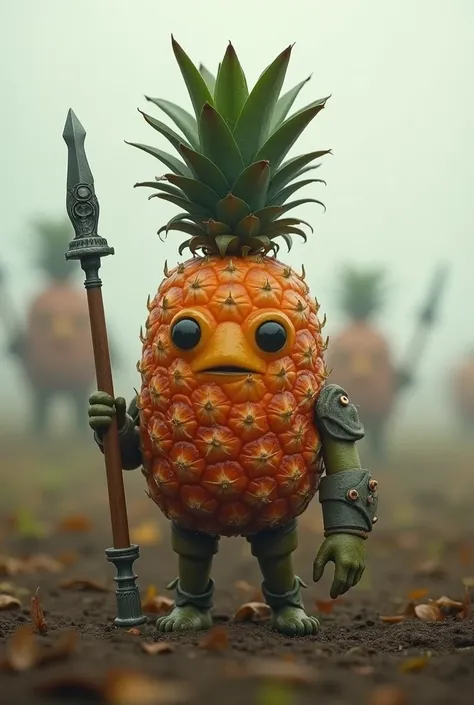 A petite anthropomorphic Pineapple with faded red and orange tones, holding a small Lancer (Gears Of War Series) made of a carved zucchini. He stands in a misty battlefield, the blurred silhouettes of other vegetable warriors visible in the distance. Soft,...