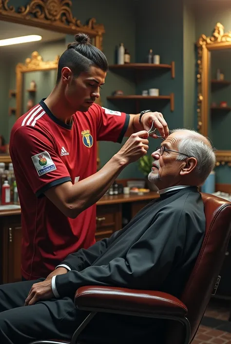 Christiano Ronaldo wearing his jersey and cutting hairs of a man in a barber shop with a realistic photo 