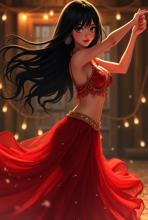  Scene of a twenty-four-year-old girl dancing Arab in a cabin at night.

The girl is a blackhaired girl with blue eyes ,  long hair up to the waist with perfectly cut bangs . The clothes in which Arab dances are red.  big breasts, caderas grandes. The top ...