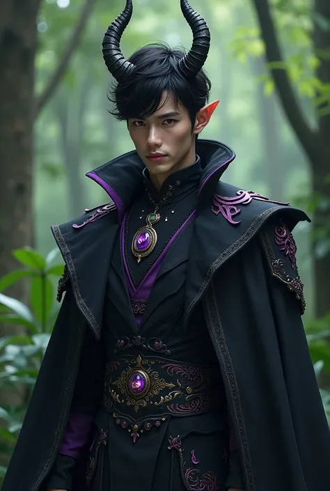 A tall man , Pretty short haired black haired  , with little elf ear , With medium horns , purple eyes,  clothes and accessories black with purple  ,  comes from a forest where he is the most powerful and beautiful mystical being there