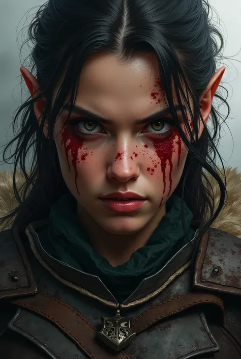 Intense portrait of a female warrior with a bloody face and fierce expression, in a dark and fantasy environment.