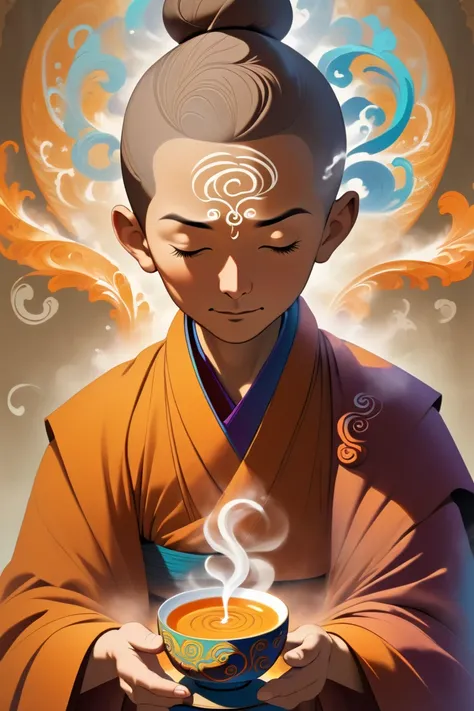 A serene monk holding a small cup of tea, eyes closed, savoring the moment with a gentle smile, with steam rising in intricate swirls from the cup. Hyper-realistic, 3D, vibrant colors, focusing on mindfulness and appreciation of the moment.