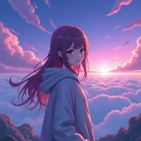 a woman with long hair and a hoodie standing in front of a purple and blue sky, an anime drawing, fantasy art, by Maki Haku,  Hi-Res,  3d rendering ,  8k octane, 