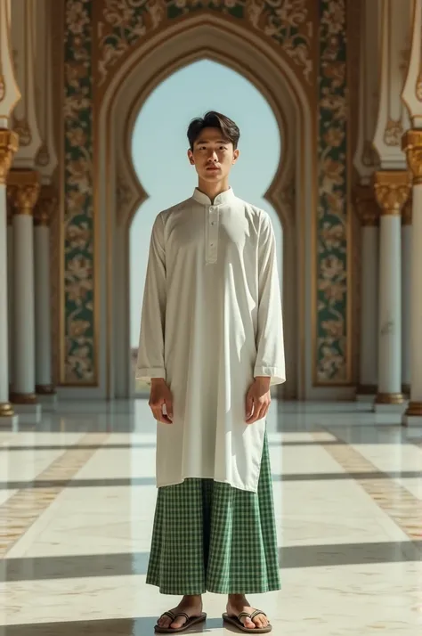  a handsome short-haired Korean man , wearing peci ,  wearing a white muslim coco shirt , wearing a checkered green sarong , flip flops,  smiling thinly facing the camera ,  against the backdrop of a luxurious and large mosque