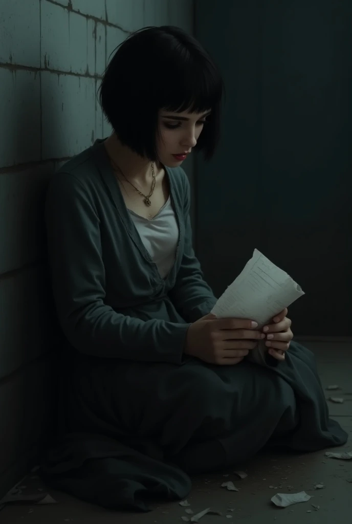 Woman, short black hair, dark shaped eyes, Expression of fear, all hurt, torn garments, sitting leaning against the wall of a dark room, paper in hand, look cam, realism