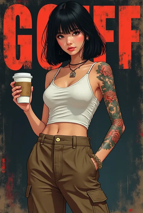 Fashion magazine cover：A handsome female model, ((((dramatic))), (((Gritty))), (((Intense))) film poster featuring a Cute 18 year old Japanese high school girl blunt bangs bob hair, brown cargo pant, white Cami Top, holding a cup of coffee in one hand
intr...