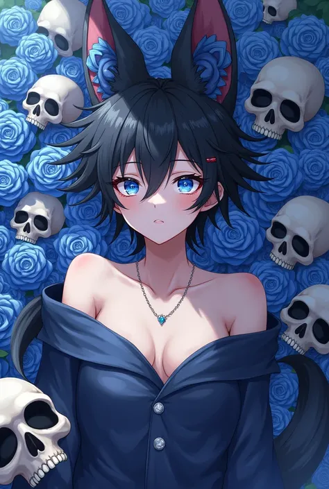  Male but young anime character ,  long wolf ears with a skull inside them, cute,  eyes as blue as night and a lot of fun , delicate body, sexy clothes,  an excessively long tail just like black with his disheveled black hair, cute and very cute ,  but wit...