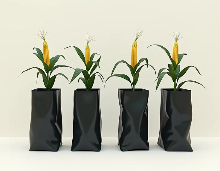 Create an image where there are 4 black bags where in each bag there are 3 corn plants with a yellowish color 