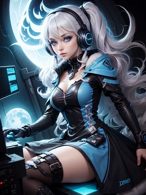 Draw Luna Dark, a gorgeous gamer character with curly and platinum hair, using headphones and holding a joystick ,using dress , gray eyes,Cyan blue that refers to your name