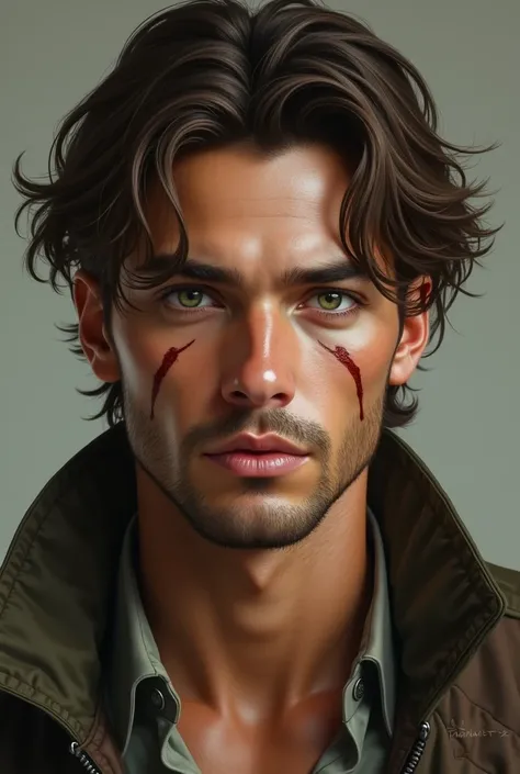 An image of a 20 year old man with olive skin a squared jawlines with high cheek bones. He should have some stubble. He would have piercing green eyes and medium length pushed back brown hair he should have two faded scars from the corners on his mouth to ...