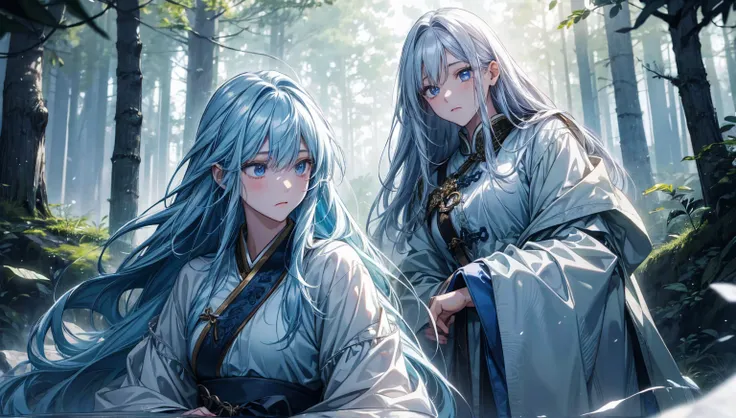 In the mysterious forest、 a scene where several beautiful girls surround the legendary sword 。Pale light overflows from the sword 、 there is deep determination and emotion in their expressions。