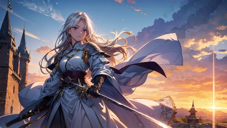  against a castle wall in another world 、 a beautiful female warrior with a legendary sword in her hand 。Light shines from the tip of the sword 、 The sky dyed with the sunset spreads out in the background。