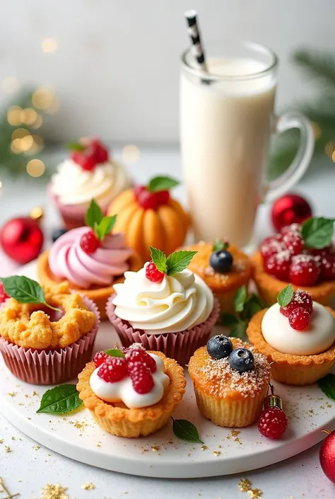  Lots of small desserts on a white background, snacks ,  salads ,  drinks , canapes ,  tartlets ,  hot dishes , Christmas decorations, glitter.