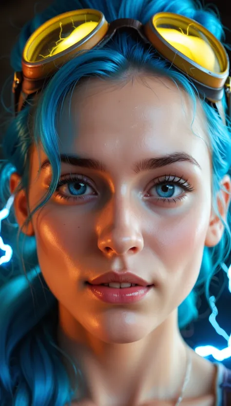 **Fantasy character, close-up of a blue-haired wizard with glowing yellow goggles, glowing circuitry on the face, lightning in the background, in the style of fantasy art, ultra-realistic, hyper-detailed, cinematic look, cinematic lighting, hyperrealistic,...