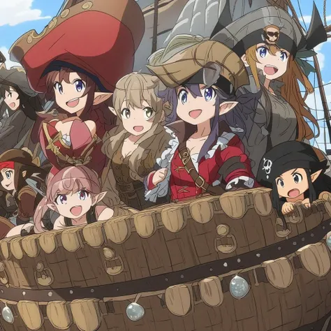 Anime, high detailed, a full girls pirate team,  multiple girls, pirates ship, pirates clothes, long spiked hair, elf ears, pirates crew, one of them using a pirate headband, treasures chests between them, their hands dripping with diamonds, diamonds diamo...