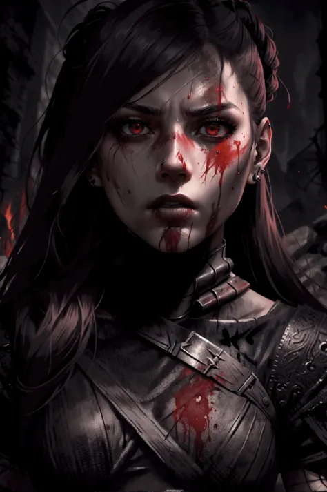 Intense portrait of a female warrior with a bloody face and fierce expression, in a dark and fantasy environment.