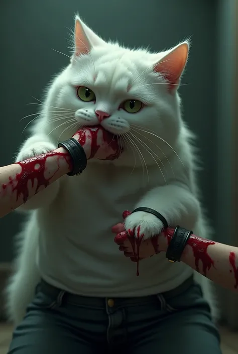 In cinematic 3D style, HD image ,realistic image ,dark image.
Character, a white big female cat and green eyes wearing white T-shirt and black jeans,A black leather strap is tied around both wrists.
Action,Big Cats wrist is in a zombies mouth and the wrist...