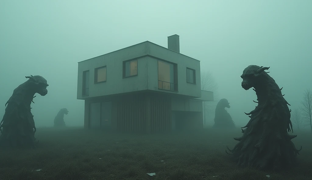 heavy fog , dark environment,  elements of a surreal nature, bizarre creatures surrounding a modern house
