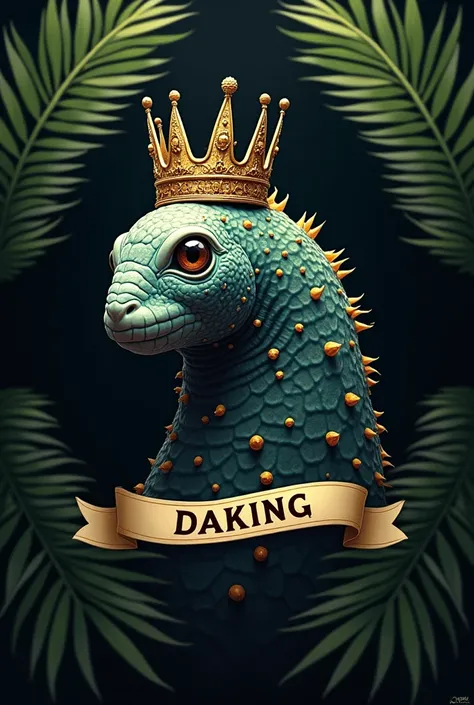 A profile of a caterpillar with a very pretty crown,  looking straight ahead ,And with a dark background , two palms  , one palm on each side ,  and under the skull a banner that says DAKING