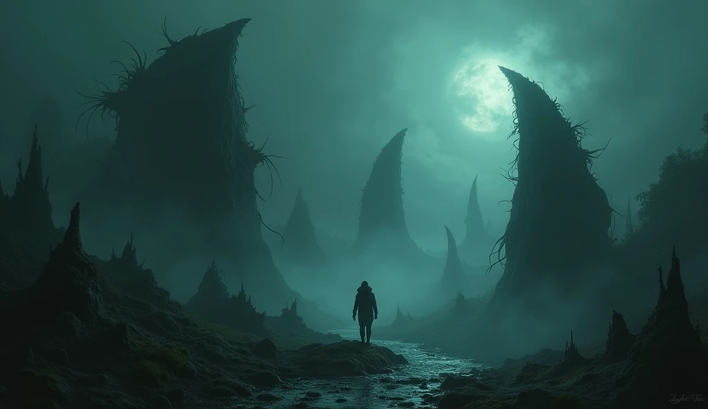 heavy fog , dark environment,  elements of a surreal nature, Bizarre creatures 