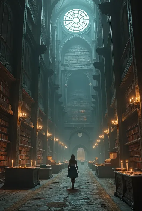 there is a picture of a book store with a woman walking through it, gothic epic library concept, gothic epic library, gothic library, library of ruina concept art, ancient library, books cave, magic library, an eternal library, gloomy library, dusty librar...