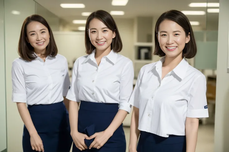 (( best quality, 8k, masterpiece,  portrait: 1.3)), ( Viewers), ( close:0.85),  attractive business mature , 8 people, A little thick:0.35,  White Collared Shirt , navy blue cotton tight skirt, ( Big Breasts and Big Hips :0.5), smile, An empty office,