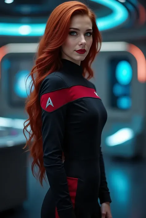 a 20 year old sexy space babe, beautiful Dr Beverly Crusher with long red hair, eyeliner, lipstick, eyeshadow, flirty smile, cute glint in her eye, on the bridge of the enterprise, wearing a tng uniform, refined face detail, blue ambient lighting, perfect ...