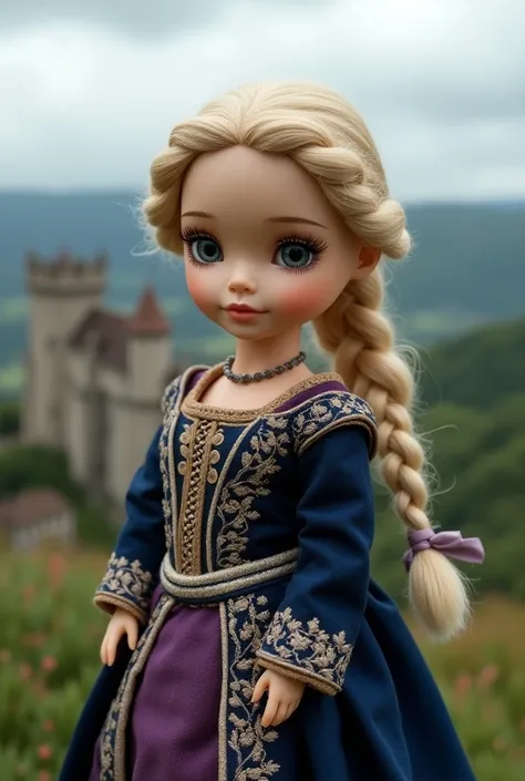 10. " Medieval European Doll "
A pale-skinned doll ,  gray-blue eyes and blond hair tied in a crown of braids .  She wears a medieval dress embroidered in gold and silver ,  in dark blue and royal purple .  The background shows an ancient castle ,  with a ...