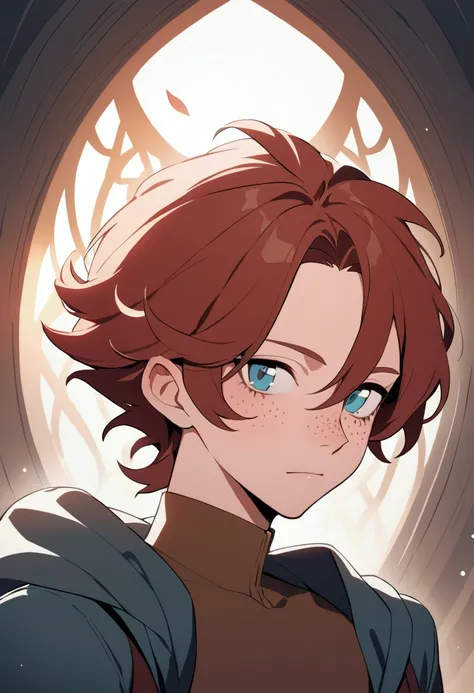 Legend of Legends character design man with semi-androgynous body and reddish brown hair with blue eyes and lenses and freckles  