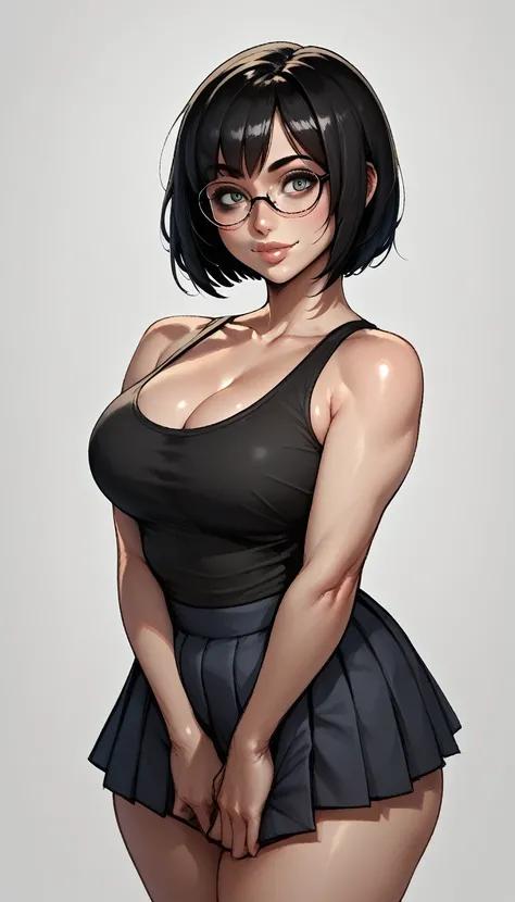 score_9, score_8_up, score_7_up, score_6_up, score_5_up, score_4_up, 1girl, solo, shiny skin, medium hair, bob cut, glasses, thin glasses, lips, plump lips, smile, bare shoulders, black tank top, breasts, cleavage, black pleated skirt, pleated skirt, thigh...