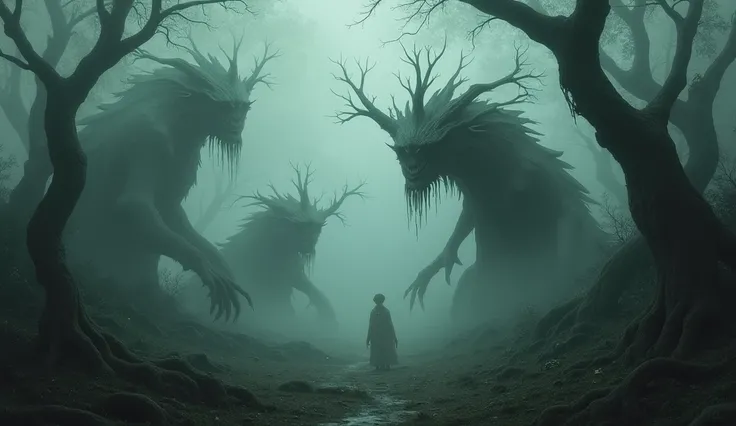 heavy fog , dark environment,  elements of a surreal nature, Bizarre creatures, Surreal tree