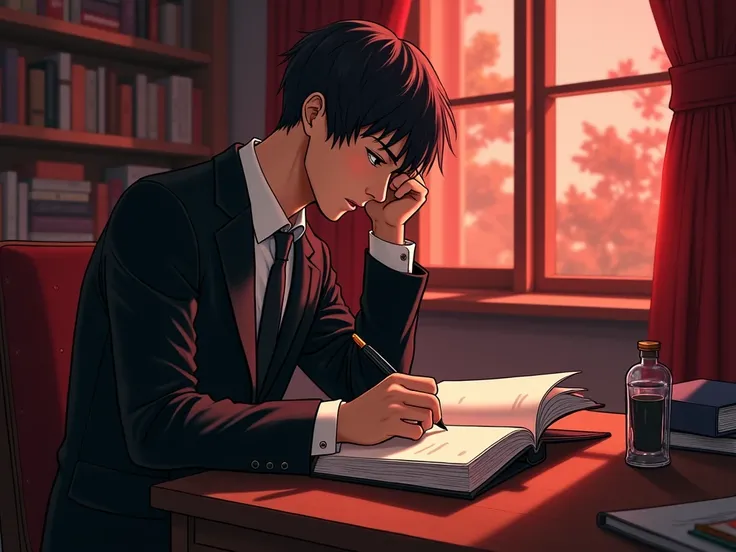 The leather cover , The face of a strained Korean man, who is in a black suit, is sitting intently writing a book, directly by an open window and facing one way about 45 degrees., Age 32 , The semi-realistic anime ,  outside is covered in blood red, 